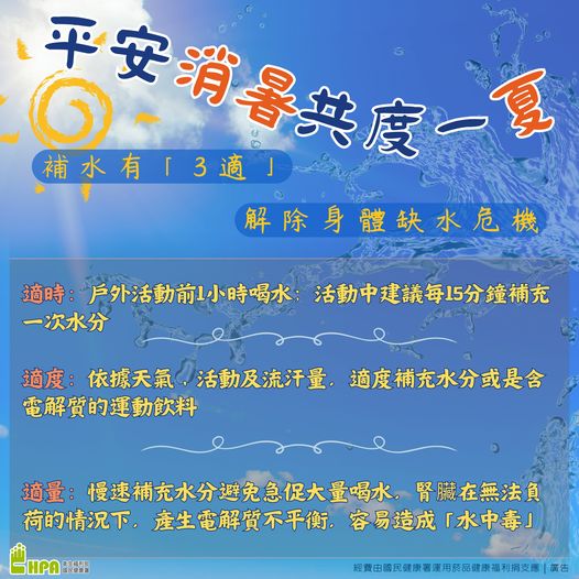 炎夏從事戶外活動  補水有3適「適時、適度、適量」 避免熱傷害的發生